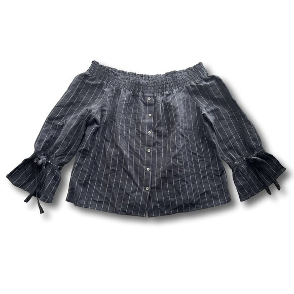 Lucky Brand Tops - LUCKY BRAND Off the Shoulder Linen Shirt Blouse Dark Gray Stripe Lines Large